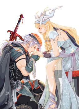 1boy 1girl absurdres armor black_cloak blonde_hair boots braid cloak closed_eyes commentary dress earrings english_commentary feet_out_of_frame final_fantasy final_fantasy_ii firion freckles grey_boots grey_dress grey_hair headscarf highres hilda_(ff2) holding_hands jewelry knee_pads long_dress long_hair low_ponytail on_one_knee parted_lips ponytail sash shanlieart short_hair_with_long_locks shoulder_armor side_slit sidelocks sword sword_on_back twin_braids waist_sash weapon weapon_on_back white_background