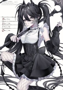 1girl 402_(o0_xxx) absurdres back_bow black_boots black_bow black_eyes black_hair black_nails black_skirt black_sleeves boots bow breasts commentary_request demon_girl demon_horns demon_tail detached_sleeves english_text eyeshadow feet_out_of_frame frown highres holding holding_scythe horns knee_boots layered_skirt long_hair looking_at_viewer makeup medium_breasts nail_polish original scythe signature skirt tail twintails very_long_hair watermark