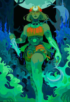 1girl absurdres ancient_greek_clothes asymmetrical_arms barefoot black_sclera blonde_hair blue_fire bone colored_sclera commentary crescent crescent_hair_ornament crescent_necklace dagger dress english_commentary feet_out_of_frame fire forest full_moon glowing glowing_arm greco-roman_clothes green_arm green_eyes green_fire green_light green_lips green_moon hades_(series) hades_2 hair_ornament heterochromia highres holding holding_dagger holding_knife holding_sickle holding_weapon jewelry knife laurel_crown looking_at_viewer melinoe_(hades) mismatched_sclera moon nature necklace night orange_dress outdoors red_eyes see-through_body short_hair shorts sickle skeletal_arm solo spearmintaii toned toned_female tree weapon