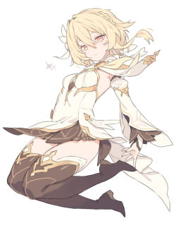 1girl bare_shoulders blade_(galaxist) blonde_hair boots commentary_request detached_sleeves dress flower genshin_impact hair_ornament highres lumine_(as_heaven_and_earth_are_made_anew)_(genshin_impact) lumine_(genshin_impact) official_alternate_costume short_hair_with_long_locks solo thigh_boots white_dress yellow_eyes