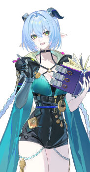 1girl aqua_eyes black_horns black_shorts blue_hair book braid breasts chinese_commentary cleavage cloak collarbone commentary_request echj goat_horns hair_between_eyes hair_intakes high-waist_shorts highres holding holding_book hood hood_down hooded_cloak horns looking_at_viewer lucia_elowen mechanical_arms medium_breasts multicolored_eyes open_book open_mouth pointy_ears shorts sidelocks simple_background single_mechanical_arm smile solo thighs twin_braids two-tone_eyes white_background yellow_eyes zenless_zone_zero