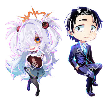 Rule 34 | 1boy, 1girl, absurdres, aqua dress, black eyes, black hair, black pants, black pantyhose, black shoes, black suit, blue archive, blue eyes, blue necktie, blush, bright pupils, chibi, chibi only, choker, closed mouth, collared shirt, comiket 107, commentary request, dress, dress shirt, flask, formal clothes, full body, grey hair, hair intakes, hair over one eye, halo, hand in pocket, highres, holding, holding flask, kanoe (blue archive), loafers, long bangs, long hair, long sleeves, looking at viewer, multicolored eyes, nakamobu, necktie, one eye covered, open mouth, orange eyes, orange halo, pants, pantyhose, pinafore dress, round-bottom flask, sample watermark, school uniform, sensei (blue archive), shirt, shoes, short hair, simple background, sitting, sleeveless, sleeveless dress, smile, spiked hair, standing, striped clothes, suit, thick eyebrows, two-tone eyes, two side up, vertical-striped clothes, vertical-striped necktie, very long hair, watermark, white background, white pupils, white shirt, wide-eyed