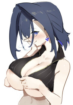 areola_slip blue_hair breasts cleavage crop_top hair_intakes hololive hololive_english large_breasts medium_hair midriff ouro_kronii tostantan underboob zipper