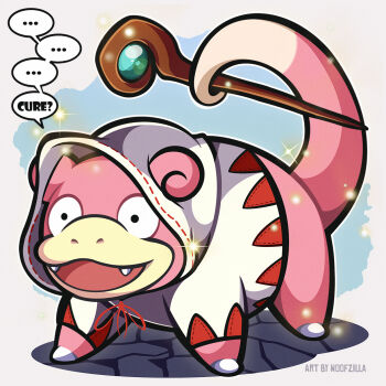 artist_name black_eyes clothed_pokemon cosplay english_text fangs final_fantasy full_body gen_1_pokemon highres hood hood_up light_particles nintendo no_humans nostrils open_mouth pokemon pokemon_(creature) prehensile_tail red_ribbon ribbon robe slowpoke solo sparkle speech_bubble tail white_mage_(final_fantasy) white_mage_(final_fantasy)_(cosplay) white_robe woofzilla