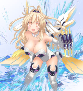 10s 1girl :d antenna_hair armor armpits bare_shoulders blonde_hair blush breasts claw_(weapon) claws cleavage covered_erect_nipples dual_wielding fang faulds female_focus happy headgear highres holding huge_breasts jewelry kami_jigen_game_neptune_v large_breasts leaning_forward legs legs_apart leotard light_particles long_hair looking_at_viewer magical_girl neck_ring neon_trim neptune_(series) open_mouth orange_eyes pish power_symbol power_symbol-shaped_pupils shadow shinjitsu_(true_ride) sideboob smile solo strapless strapless_leotard symbol-shaped_pupils thighhighs thighs weapon white_thighhighs wings yellow_heart_(neptunia)