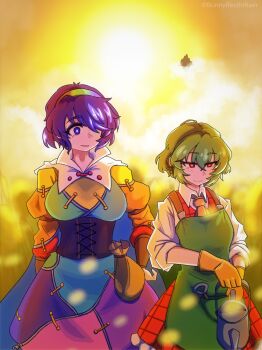 2girls absurdres apron ascot cape cloak cloud_print commentary corset dress english_commentary flower green_apron green_hair green_hairband hairband highres kazami_yuuka looking_at_another multicolored_dress multicolored_hairband multiple_girls necktie orange_sleeves patchwork_clothes plaid_clothes plaid_skirt plaid_vest rainbow_gradient rainbow_hairband skirt skirt_set sky_print sleepymoon smile sunflower tenkyuu_chimata tenkyuu_chimata_pose touhou vest white_cape white_cloak yellow_necktie