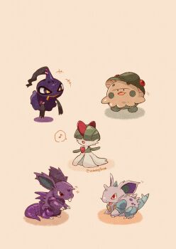 +++ artist_name banette breloom colored_skin commentary_request cosplay gardevoir gen_1_pokemon gen_3_pokemon green_hair highres horns musical_note nidoking nidoqueen nidoran nidoran_(female) nidoran_(male) nintendo no_humans open_mouth pokemon pokemon_(creature) ralts red_eyes shroomish shuppet simple_background single_horn solid_oval_eyes spoken_musical_note tail twitter_username white_background white_skin zozozoshion