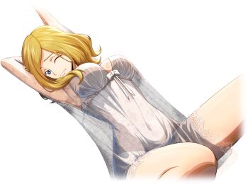 1girl armpits arms_up artist_request blonde_hair blue_eyes bow bow_panties breasts closed_mouth code_geass code_geass:_lost_stories dutch_angle female_focus game_cg half-closed_eye happy highres lace_trim large_breasts lingerie long_sleeves looking_at_viewer medium_hair milly_ashford navel negligee non-web_source official_art one_eye_closed panties parted_bangs see-through_clothes sidelocks sitting smile solo split_mouth stomach stretching thighs underwear waking_up white_bow white_panties