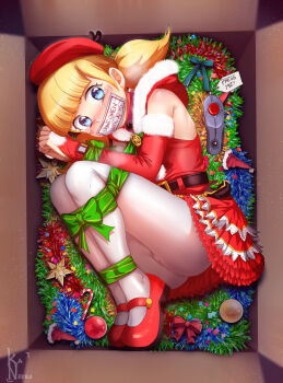 1girl bdsm belt beret blonde_hair blue_eyes blush bondage bound bound_ankles bound_legs bound_wrists box cardboard_box christmas christmas_ornaments controller detached_sleeves dress female_focus gag gagged hat improvised_gag inspector_gadget kaneeru loli looking_at_viewer mary_janes pantyhose penny_(inspector_gadget) red_dress red_hat red_ribbon red_shoes remote_control ribbon santa_costume shoes solo tape tape_gag tearing_up twintails variant_set white_pantyhose
