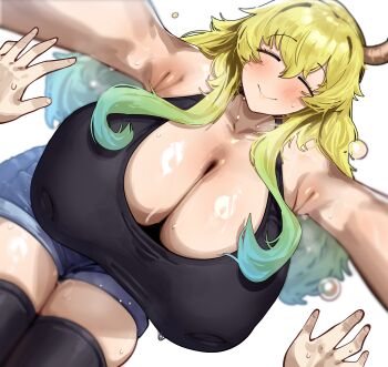 1boy 1girl absurdres age_difference armpit_crease blonde_hair blurry blush breasts cleavage closed_eyes denim denim_shorts depth_of_field gradient_hair hetero highres horns huge_breasts inverted_nipples kabedon_on_viewer kobayashi-san_chi_no_maidragon lucoa_(maidragon) magatsuchi_shouta multicolored_hair onee-shota peterh_mon pov shiny_skin shorts shota skindentation smile sweat thick_thighs thighs white_background