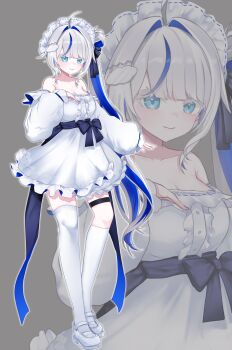 Rule 34 | 1girl, absurdres, ahoge, aokumo rin, aqua eyes, asymmetrical legwear, bare shoulders, blue hair, breasts, cleavage, closed mouth, cloud hair ornament, detached sleeves, dress, eggduck0530, full body, grey background, grey hair, hand up, hashtag-only commentary, highres, kneehighs, long hair, long sleeves, looking at viewer, multicolored hair, shoes, simple background, socks, solo, standing, stellive, streaked hair, thigh strap, thighhighs, two-tone hair, uneven legwear, very long hair, virtual youtuber, white dress, white headdress, white shoes, white socks, white thighhighs, zoom layer