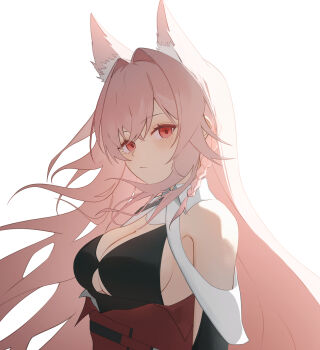 1girl animal_ear_fluff animal_ears arknights bare_shoulders black_shirt blush breasts cleavage closed_mouth clothing_cutout commentary_request hachimin8_(shrine_kyo) hair_between_eyes highres long_hair looking_at_viewer medium_breasts partial_commentary pink_hair pozyomka_(arknights) red_eyes shirt simple_background solo upper_body white_background