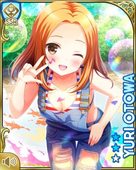 1girl ;d bare_legs barefoot bikini blue_overalls breasts brown_eyes card_(medium) character_name cleavage collarbone day girlfriend_(kari) long_hair looking_at_viewer musical_note official_art one_eye_closed open_mouth orange_hair otowa_yuri outdoors overalls paint paint_on_body qp:flapper smile solo standing straight_hair string_bikini swimsuit tagme torn_clothes v white_bikini