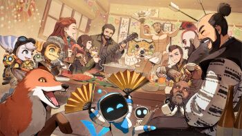 4girls 6+boys absurdres aloy_(horizon) arrow_(projectile) astro_bot_(series) atreus beard captain_astro chopsticks clank commentary company_connection confetti crab crossover cup doko_demo_issyo drinking_glass eating ellie_(the_last_of_us) facial_hair father_and_son food fox fundoshi ghost_of_tsushima glass_bottle god_of_war goggles goggles_on_head hand_fan highres horizon_(video_game) horizon_zero_dawn horns inoue_toro ishikawa_sadanobu japanese_clothes joel_(the_last_of_us) kit_(ratchet_&amp;_clank) kratos_(god_of_war) kuroi_susumu loincloth mimir_(god_of_war) mochi multiple_boys multiple_crossover multiple_girls official_art playstation_symbols ratchet_&amp;_clank ratchet_&amp;_clank:_rift_apart ratchet_(ratchet_&amp;_clank) rivet_(ratchet_&amp;_clank) robot sakai_jin second-party_source sony suction-cup_arrow suction_cups table the_last_of_us the_last_of_us_(series)