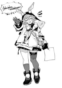 1girl animal_ears ankle_boots arknights asymmetrical_legwear belt boots caper_(arknights) double-parted_bangs full_body gloves greyscale hair_between_eyes holding holding_paper hood hood_up jacket kyo_zip looking_at_viewer monochrome open_mouth paper pleated_skirt pom_pom_(clothes) rabbit_ears single_thighhigh skirt sleeve_cuffs solo standing thigh_belt thigh_strap thighhighs waving