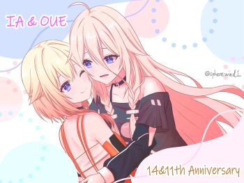2girls :d ;) bare_shoulders black_gloves black_shirt blonde_hair blue_eyes braid breasts cevio character_name cheek-to-cheek commentary_request dress elbow_gloves gloves gradient_hair hair_between_eyes hands_up happy heads_together highres hug ia_(vocaloid) long_hair medium_breasts medium_hair multicolored_hair multiple_girls off-shoulder_shirt off_shoulder one_(cevio) one_eye_closed open_mouth orange_hair shirt sleeveless sleeveless_dress small_breasts smile spherewind1 twin_braids two-tone_dress upper_body very_long_hair vocaloid zipper_dress