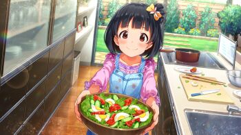 1girl apron black_hair blue_apron blush bowl brown_eyes closed_mouth commentary_request cucumber cucumber_slice day food game_cg giving hardboiled_egg holding holding_bowl idolmaster idolmaster_million_live! idolmaster_million_live!_theater_days indoors kitchen long_sleeves nakatani_iku official_art one_side_up pink_shirt salad shirt short_hair sliced_egg smile solo standing third-party_source tomato tomato_slice