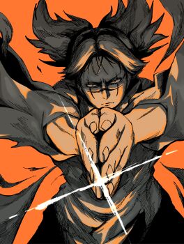 Rule 34 | 1boy, absurdres, choso (jujutsu kaisen), closed mouth, commentary, cowboy shot, highres, incoming attack, itsumeee3, jujutsu kaisen, looking at viewer, male focus, monochrome, orange background, orange theme, own hands together, palms together, sanpaku, scar, scar across eye, scar on face, scar on nose, serious, shirt, short hair, simple background, solo, twintails