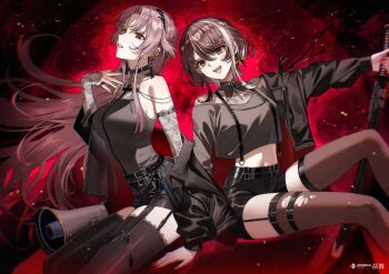 2girls asu_(sinsekai) bema_(sinsekai) black_jacket black_shorts black_thighhighs brown_hair brown_shirt character_name commentary_request copyright_name cropped_shirt earrings garter_straps grey_nails holding holding_sword holding_weapon jacket jewelry kamitsubaki_studio kuga_huna lace megaphone multicolored_hair multiple_girls nail_polish official_art open_clothes open_jacket pantyhose parted_bangs pink_hair red_background ring second-party_source shirt shorts sinsekai_record sitting streaked_hair sword thighhighs torn_clothes torn_pantyhose virtual_youtuber weapon white_hair