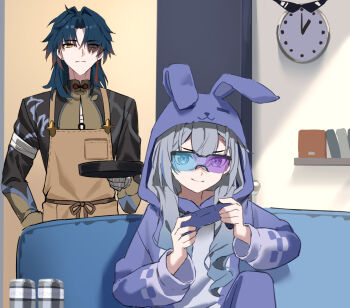 1boy 1girl animal_hood apron bandages_over_clothes blade_(honkai:_star_rail) blue_hair can clock commentary_request couch curtained_hair drill_hair frying_pan gradient-tinted_eyewear gradient_hair grey_hair hair_between_eyes handheld_game_console honkai:_star_rail honkai_(series) hood indoors light_smile long_hair multicolored_hair nao_(naoooo_a) official_alternate_costume on_couch onesie pajamas playing_games silver_wolf_(comfy_bunny_onesie)_(honkai:_star_rail) silver_wolf_(honkai:_star_rail) sitting tinted_eyewear turtleneck v-shaped_eyebrows wall_clock