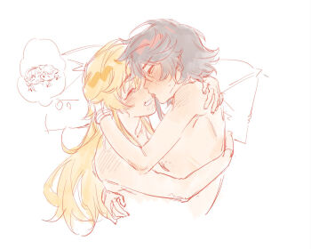 2girls bite_mark bite_mark_on_breast blonde_hair blush brown_hair chinese_commentary closed_eyes commentary dog french_kiss grin hand_on_another&#039;s_shoulder highres hug jiguang_haibao kiss koishikawa_iko lying momijiyama_teru multiple_girls nude on_bed on_side pillow short_hair shy_(series) smile speech_bubble thought_bubble tongue tongue_out upper_body yuri