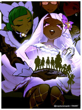 Rule 34 | + +, 2girls, :d, border, closed eyes, closed mouth, commentary request, dark-skinned female, dark skin, dress, eyelashes, fishnet pantyhose, fishnets, french commentary, gloves, glowing, green hair, headdress, highres, jacinthe (pokemon), lebanne (pokemon), mayotsunamayo, multiple girls, nintendo, open mouth, outside border, pantyhose, pokemon, pokemon legends: z-a, purple dress, purple eyes, silhouette, smile, teeth, tilted headwear, twitter username, upper teeth only, white border, white gloves