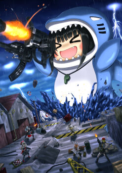 >_< 6+girls :d ammunition ammunition_belt animal_costume architect_(girls'_frontline) beret black_hair black_ribbon black_skirt blonde_hair boat bolt_action boots brown_footwear brown_skirt building bullet chibi closed_eyes combat_shotgun commentary_request crane_(machine) dual-mode_shotgun fang firing fur_hat gas-seal_revolver giant giantess girls'_frontline gloves gun gun_sling h&amp;k_mp5 hair_ribbon handgun harbor hat heckler_&amp;_koch highres holding holding_gun holding_weapon knee_boots lifebuoy lightning long_hair machine_gun mg3 mg3_(girls'_frontline) mosin-nagant mosin-nagant_(girls'_frontline) mp5_(girls'_frontline) multiple_girls muzzle_flash nagant_m1895 nagant_revolver_(girls'_frontline) ocean open_mouth ouga_(user_ctzw2237) pleated_skirt pump-action_shotgun pump_action rain red_headwear revolver revolver_speedloader ribbon rifle rifle_cartridge rocket_launcher running sangvis_ferri semi-automatic_shotgun shark_costume shawl shotgun shotgun_speedloader silver_hair skirt smile spas-12 spas-12_(girls'_frontline) submachine_gun swim_ring ushanka warehouse water watercraft weapon whistle whistle_around_neck white_gloves white_headwear white_skirt xd