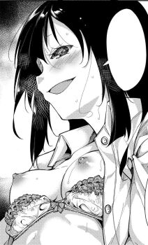 1girl black_hair blush bow bow_bra bra bra_pull breasts breasts_apart clothes_pull collared_shirt frilled_bra frills greyscale hair_between_eyes half-closed_eyes long_hair long_sleeves looking_ahead monochrome naughty_face nipples non-web_source original partially_undressed profile sakura_mamiya_(syoujo_m) shirt small_breasts smile solo speech_bubble suzuki_nago sweat underwear upper_body