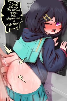 1boy 1girl against_wall anal anus ass backpack bag black_hair black_hoodie blue_skirt blush borrowed_character chasa1990 clothes_pull english_text fang grabbing_another's_ass green_skirt groping hair_ornament hairclip hetero hood hood_down hoodie jacket kyojiri_loli loli long_sleeves looking_back marvel medium_hair one_eye_closed open_mouth peni_parker penis pink_eyes pleated_skirt purple_eyes pussy sex sex_from_behind short_hair skirt skirt_pull solo_focus speech_bubble spider-man:_into_the_spider-verse spider-man_(series) spider-verse standing standing_sex sweat testicles uncensored
