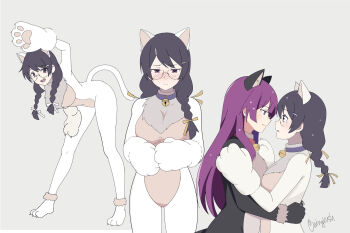 2girls :o alternate_costume animal_collar animal_costume animal_ear_fluff animal_ears animal_hands bell bent_over black_fur black_hair blue_collar blush braid breasts cat_costume cat_ears cat_tail chest_fur closed_mouth collar commentary english_commentary facing_another fooring from_side frown fur-trimmed_shoes glasses gloves grey_background grey_fur hands_on_another&#039;s_hips hands_on_another&#039;s_shoulders hands_on_own_chest hanekawa_tsubasa highres light_smile long_hair medium_breasts monogatari_(series) multiple_girls neck_bell nose_blush open_mouth paw_gloves paw_shoes pink_collar purple_eyes purple_hair senjougahara_hitagi signature simple_background swept_bangs tail twin_braids upper_body white_fur yuri