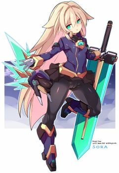 1girl black_bodysuit black_shirt blonde_hair blue_eyes bodysuit cameltoe character_request copyright_request flat_chest full_body holding holding_sword holding_weapon karukan_(monjya) long_hair shirt solo sword very_long_hair weapon