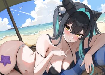 1girl absurdres aqua_hair ball beach_umbrella beachball bikini bird black_bikini black_hair black_nails blue_sky breasts cleavage commentary goddess_of_victory:_nikke hair_intakes highres large_breasts little_mermaid_(nikke) long_hair looking_at_viewer multicolored_hair navel ocean ponya_0000 seagull sky solo starfish stomach swimsuit twintails two-tone_hair umbrella very_long_hair yellow_eyes