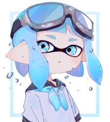Rule 34 | 1girl, absurdres, blue eyes, blue hair, closed mouth, commentary request, goggles, goggles on head, highres, inkling, inkling girl, inkling player character, inset border, koke (banburu be x), medium hair, nintendo, outside border, pointy ears, sailor collar, sailor shirt, shirt, simple background, solo, splatoon (series), tentacle hair, upper body, white background
