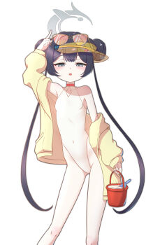 1girl absurdres arm_up armpits bare_legs bare_shoulders black_hair blue_archive blush braid braided_bun breasts bucket cosplay covered_navel cross_halo diamond_cutout double_bun eyewear_on_head feet_out_of_frame gnoet grey_eyes grey_halo hair_bun half-closed_eyes halo highleg highleg_one-piece_swimsuit highres holding holding_bucket jacket kisaki_(blue_archive) loli long_hair long_sleeves off_shoulder official_alternate_costume official_alternate_hairstyle one-piece_swimsuit open_mouth orange-tinted_eyewear orange_eyes pointing pointing_up seia_(blue_archive) seia_(blue_archive)_(cosplay) seia_(swimsuit)_(blue_archive) simple_background small_breasts solo standing sunglasses swimsuit tinted_eyewear twintails visor_cap white_background white_one-piece_swimsuit yellow_jacket yellow_visor