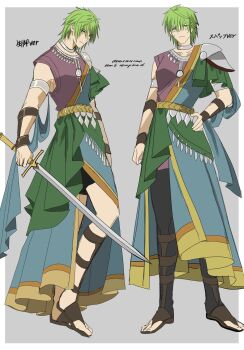 1boy alternate_costume ancient_greek_clothes closed_mouth colored_skin dancer dancer_(fire_emblem:_three_houses) fire_emblem fire_emblem:_radiant_dawn fire_emblem:_three_houses gladiator_sandals greco-roman_clothes green_eyes green_hair highres holding holding_sword holding_weapon male_focus nintendo omlililimo orange_skin sandals stefan_(fire_emblem) sword swordman weapon