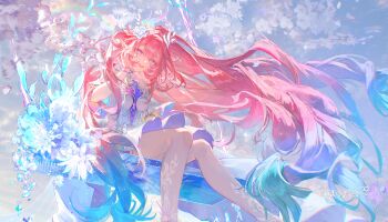 1girl absurdres aqua_hair blue_sky breasts commentary_request cyrene_(honkai:_star_rail) cyrene_(ripples_of_past_reverie)_(honkai:_star_rail) dark_elf dress eiki- elf flower hair_flower hair_ornament halo highres honkai:_star_rail honkai_(series) long_hair medium_breasts multicolored_hair on_swing pink_hair pointy_ears purple_eyes sky smile solo swing thighs two-tone_hair very_long_hair white_dress