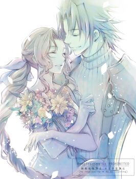 1boy 1girl aerith_gainsborough armor braid braided_ponytail closed_eyes commentary_request couple crisis_core:_final_fantasy_vii dress earrings final_fantasy final_fantasy_vii flower hair_ribbon hetero highres jewelry long_hair parted_bangs petals pink_ribbon ponytail quichi_91 revision ribbed_sweater ribbon shoulder_armor sleeveless sleeveless_turtleneck smile spiked_hair suspenders sweater turtleneck turtleneck_sweater twitter_username upper_body white_background white_dress yellow_flower zack_fair