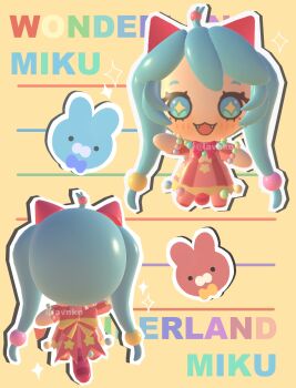 1girl 3d absurdres beads blue_hair blush chibi chibi_only dress english_text hair_beads hair_ornament hatsune_miku highres lavy_(lavnko) long_hair looking_at_viewer official_alternate_costume open_mouth outline project_sekai smile sparkle twintails very_long_hair vocaloid white_outline wonderlands_x_showtime_miku