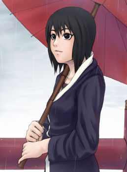 Rule 34 | 1girl, black eyes, black hair, female focus, japanese clothes, lowres, naruto (classic), naruto (series), outdoors, rain, shizune (naruto), short hair, sky, solo, tk (tk's level4), umbrella