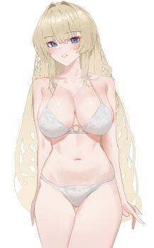 1girl absurdres alternate_costume blonde_hair blue_eyes blush bra breasts cleavage commentary cowboy_shot crown_(nikke) english_commentary gluteal_fold goddess_of_victory:_nikke hair_intakes highres large_breasts long_hair looking_at_viewer navel o-ring o-ring_top panties parted_lips simple_background smile solo standing thigh_gap twentytwo_(twenty_zwei) underwear underwear_only white_background white_bra white_panties