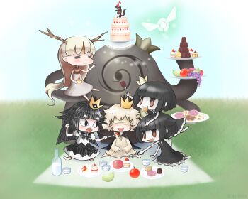 Rule 34 | 1boy, 4girls, :d, :t, = =, antlers, apple, apple rabbit, bandages, black dress, black hair, blind prince, blonde hair, blush, brown eyes, cake, cape, character request, cheek bulge, chibi, clenched hand, closed mouth, company connection, creator connection, crossover, crown, cup, cupcake, day, doily, donut, dress, eating, eighth note, food, food art, food on face, fork, fruit, grapes, grass, highres, holding, holding fork, horns, hotaru (htol#niq), htol#niq: hotaru no nikki, leaning forward, liar princess, long hair, mini crown, mion (htol#niq), mouth hold, multiple girls, musical note, nippon ichi, open mouth, outdoors, outstretched arm, pale skin, pear, picnic, plate, rose (rose to tasogare no kojou), rose to tasogare no kojou, sharp teeth, shizuraku, short hair, sitting, smile, standing, standing on one leg, strawberry, teeth, titan (rose to tasogare no kojou), tray, usotsuki hime to moumoku ouji, very long hair, white dress