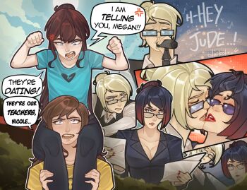 Rule 34 | 4girls, anger vein, black hair, black vest, blue eyes, blue shirt, breasts, brown hair, class of 09, cleavage, collared shirt, colored tips, commentary, derkdrew124, english commentary, english text, glasses, gradient hair, hair bun, holding, holding microphone, holding paper, long hair, lynn hadley, megan (class of 09), microphone, ms ames (class of 09), multicolored hair, multiple girls, music, nail polish, nicole (class of 09), on person, paper, parted lips, ponytail, red hair, red nails, shirt, singing, sunglasses, teeth, vest, white shirt, yellow shirt, yuri