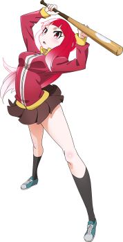 1girl akiba&#039;s_trip akiba&#039;s_trip_the_animation arms_up baseball_bat breasts full_body highres holding holding_baseball_bat jacket kneehighs long_hair looking_at_viewer mayonaka_matome medium_breasts miniskirt multicolored_hair official_art open_mouth pleated_skirt red_eyes red_hair shoes skirt sneakers socks solo standing track_jacket transparent_background two-tone_hair white_hair zipper