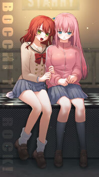 2girls black_skirt black_socks blue_eyes blush bocchi_the_rock! bow bowtie brown_sailor_collar brown_shirt brown_shoes closed_mouth commentary_request copyright_name cube_hair_ornament folivora_zzzz full_body gotoh_hitori grabbing_another&#039;s_arm green_eyes hair_ornament highres indoors jacket kita_ikuyo kneehighs loafers long_hair long_sleeves looking_at_viewer loose_socks multiple_girls open_mouth pink_hair pink_jacket pink_track_suit pleated_skirt red_bow red_bowtie red_hair sailor_collar school_uniform shirt shoes shuka_high_school_uniform sitting skirt socks stage thighs track_suit white_socks winter_uniform yuri