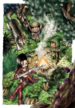 1girl 2boys :d aira_(dq7) black_eyes black_hair blue_cloak boots border breasts brown_bustier brown_hair bustier campfire cleaning cleaning_weapon cleavage cloak commentary_request crossed_legs dragon_quest dragon_quest_vii from_above gabo gloves grass green_hat green_tunic hat hat_flaps hero_(dq7) holding holding_stick holding_sword holding_weapon jacket jewelry leaf long_hair multiple_boys murakami_yumiko navel on_ground open_mouth outdoors red_boots red_gloves red_jacket red_lips silver_thighlet sitting smile smoke stick sword thigh_boots thighlet toriyama_akira_(style) tree tunic weapon white_border white_tunic wolf