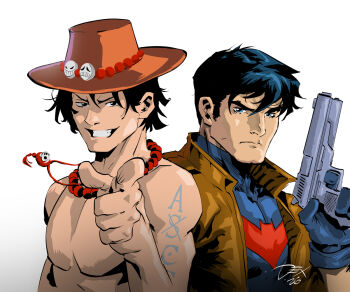 arm_tattoo bat_signal batman_(series) batman_symbol bead_necklace beads black_hair bodysuit commentary crossover dc_comics dexter_soy english_commentary gloves grey_bodysuit gun hat holding holding_gun holding_weapon jason_todd jewelry male_focus multicolored_bodysuit muscular necklace one_piece orange_hat pearl_necklace portgas_d._ace red_hood_(dc) red_hood_and_the_outlaws short_hair simple_background superhero_costume tattoo taut_bodysuit topless_male two-tone_bodysuit upper_body weapon western_comics_(style)