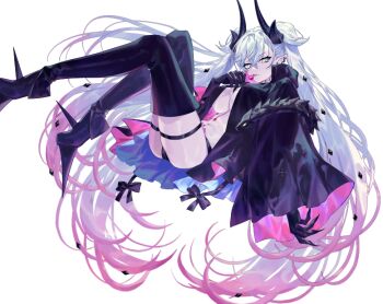 1girl ass black_thighhighs breasts candy commentary_request emoillu fate/grand_order fate_(series) food gradient_hair green_eyes large_breasts lilith_(fate) lilith_(second_ascension)_(fate) lollipop long_hair looking_at_viewer multicolored_hair pink_hair thighhighs thighs very_long_hair white_hair