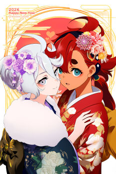 2026 2girls alternate_costume alternate_hairstyle blue_eyes blue_kimono blush commentary_request floral_print floral_print_kimono flower grey_eyes gundam gundam_suisei_no_majo hair_flower hair_ornament hair_up highres interracial japanese_clothes kimono long_hair looking_at_viewer miorine_rembran multiple_girls new_year obi pale_skin print_kimono red_hair red_kimono remote_shiba sash smile suletta_mercury twitter_username upper_body white_hair yuri