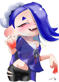 Rule 34 | 1girl, absurdres, anafuchi, black pants, blue hair, blue shawl, blush, chest sarashi, commentary request, dated, earrings, hair over one eye, hairband, highres, jewelry, long hair, looking at viewer, multiple earrings, navel, nintendo, octoling, pants, red eyes, sarashi, shawl, shiver (deep cut outfit) (splatoon), shiver (splatoon), short eyebrows, simple background, smile, solo, splatoon (series), splatoon 3, standing, teeth, tentacle hair, thick eyebrows, tooth earrings, torn clothes, torn pants, white background, white hairband