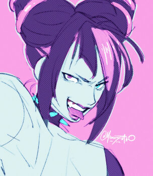 1girl blue_eyes choker close-up commentary double_bun english_commentary hair_bun han_juri heterochromia highres looking_at_viewer maddestmao purple_background purple_eyes sidelocks simple_background solo spiked_choker spikes street_fighter tongue tongue_out twitter_username